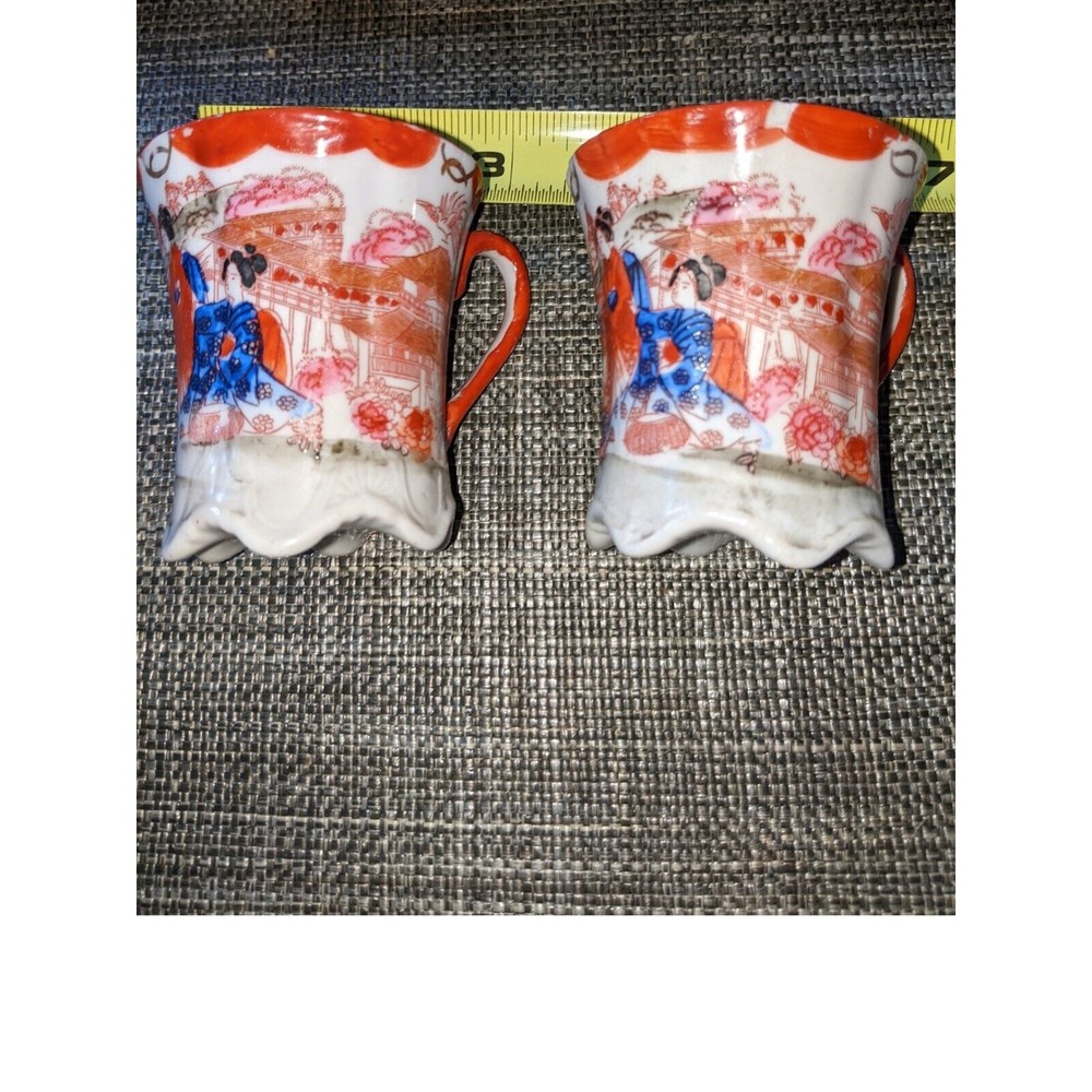 Two 2 Vintage Japanese Asian Chocolate Tea Coffee Cups with Geisha Design READ